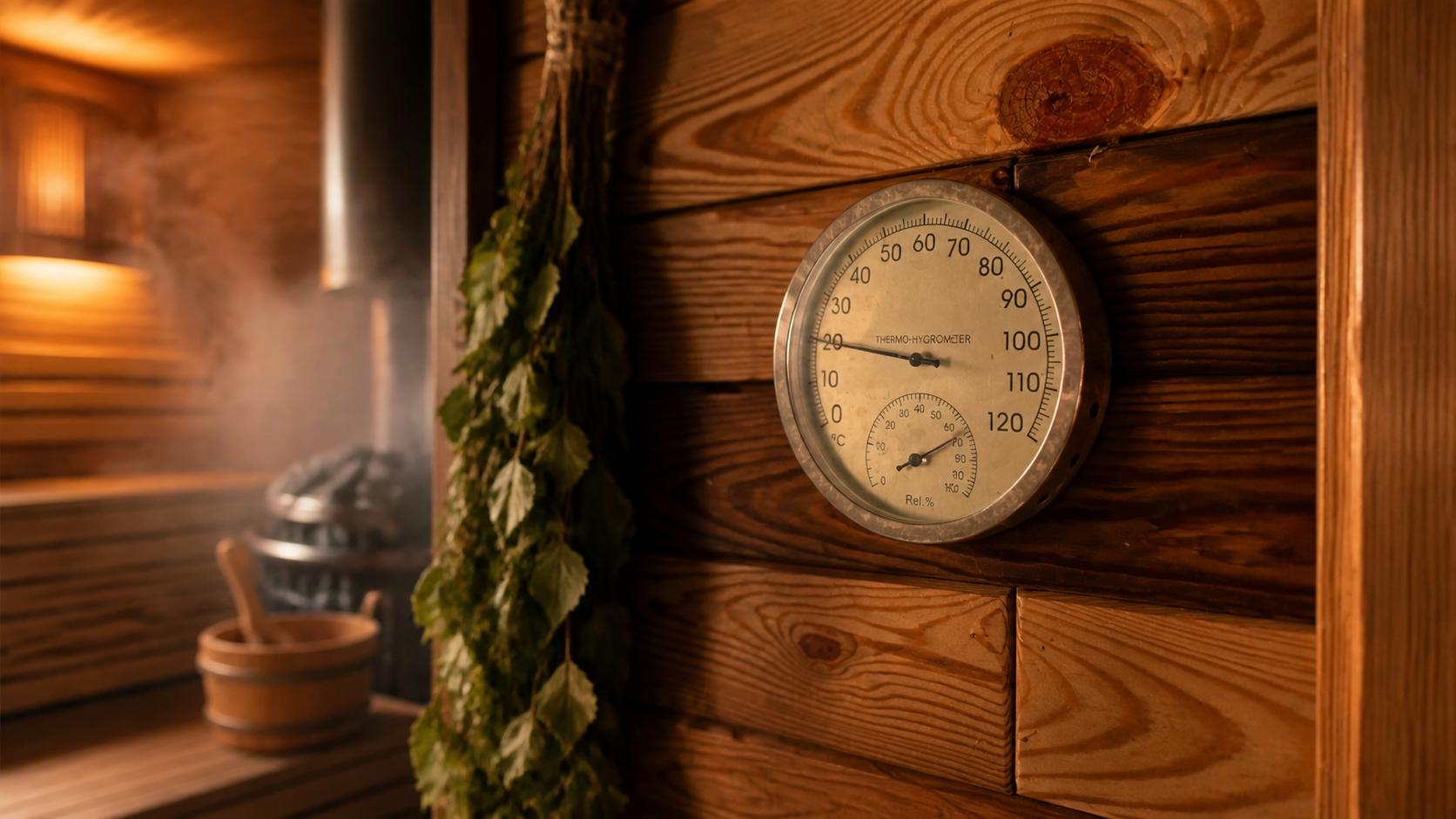 Innenraum einer Sauna mit Anzeige der Temperatur